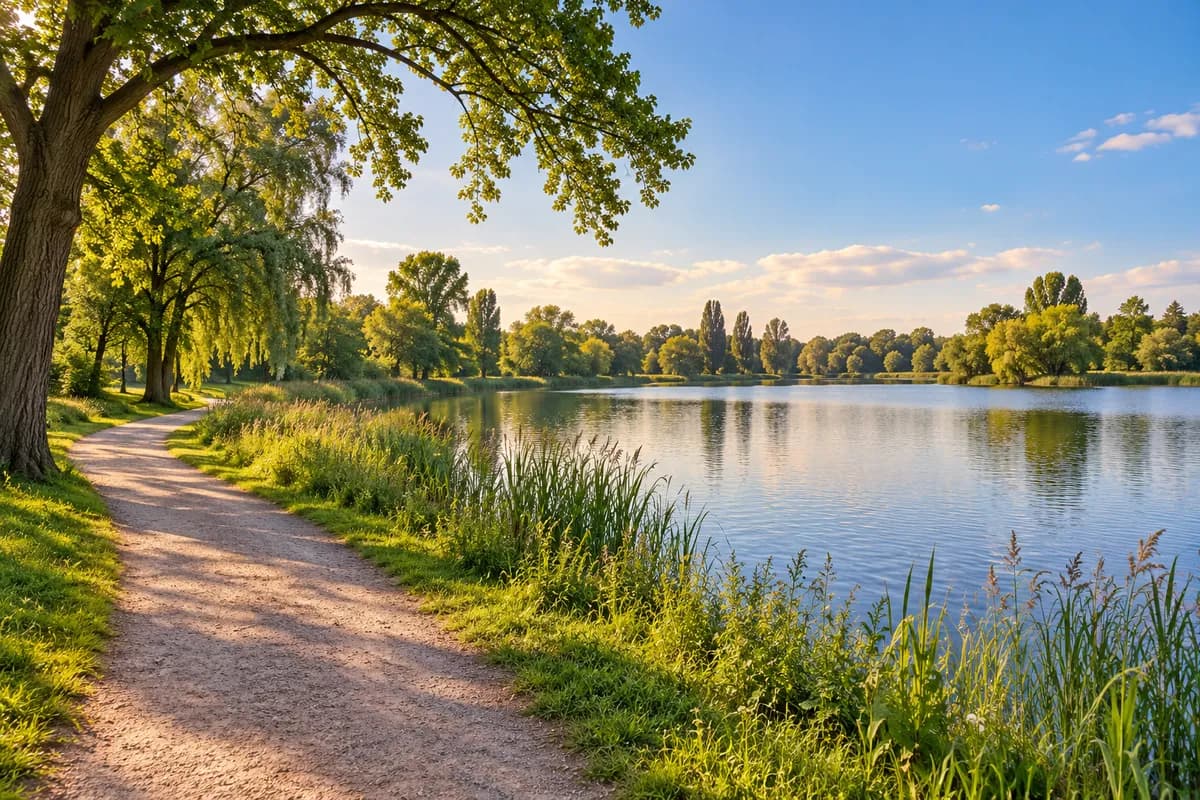 Spazierweg am See in der Fuldaaue, umgeben von Wiesen und Bäumen