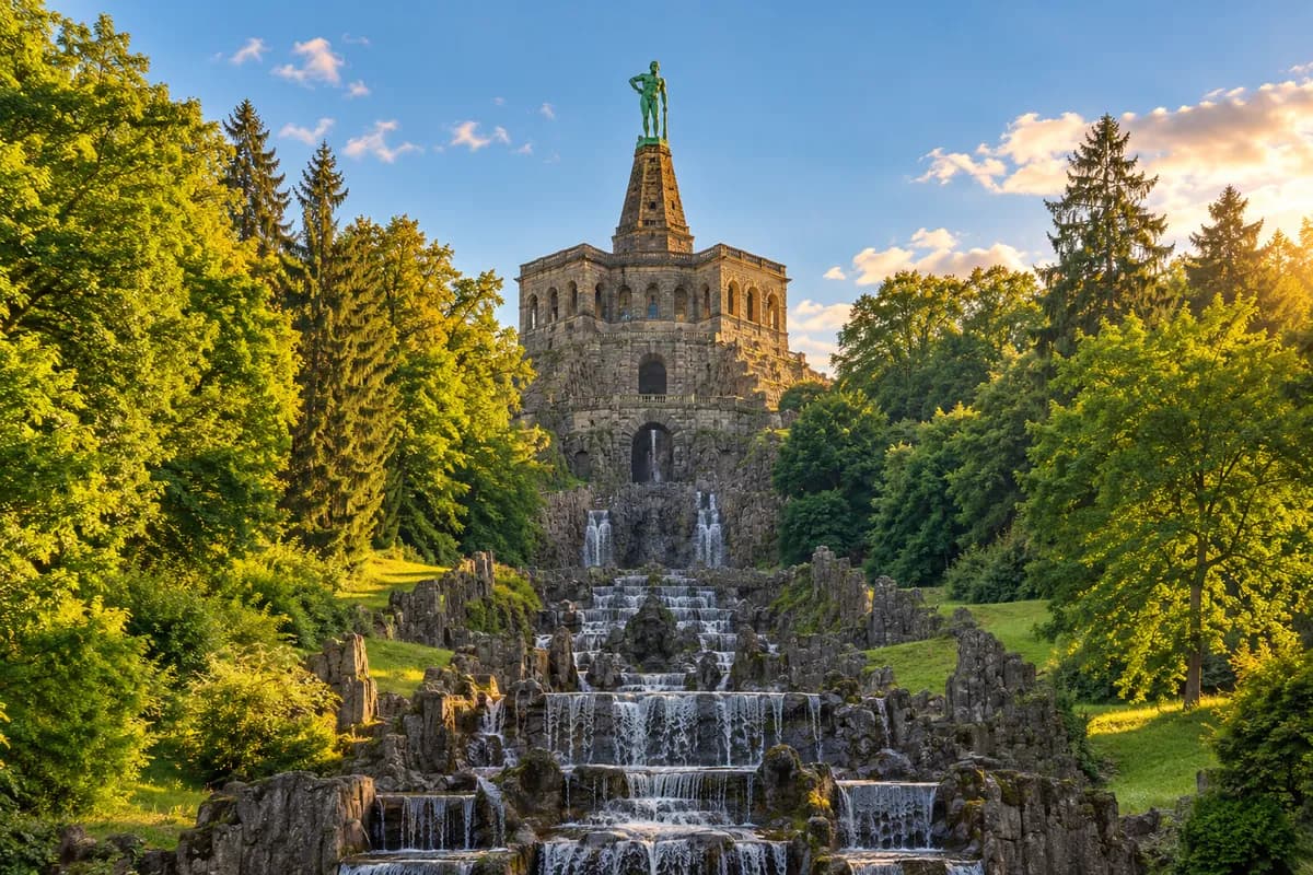 Herkules auf dem Oktogon über den Kaskaden im Bergpark Wilhelmshöhe