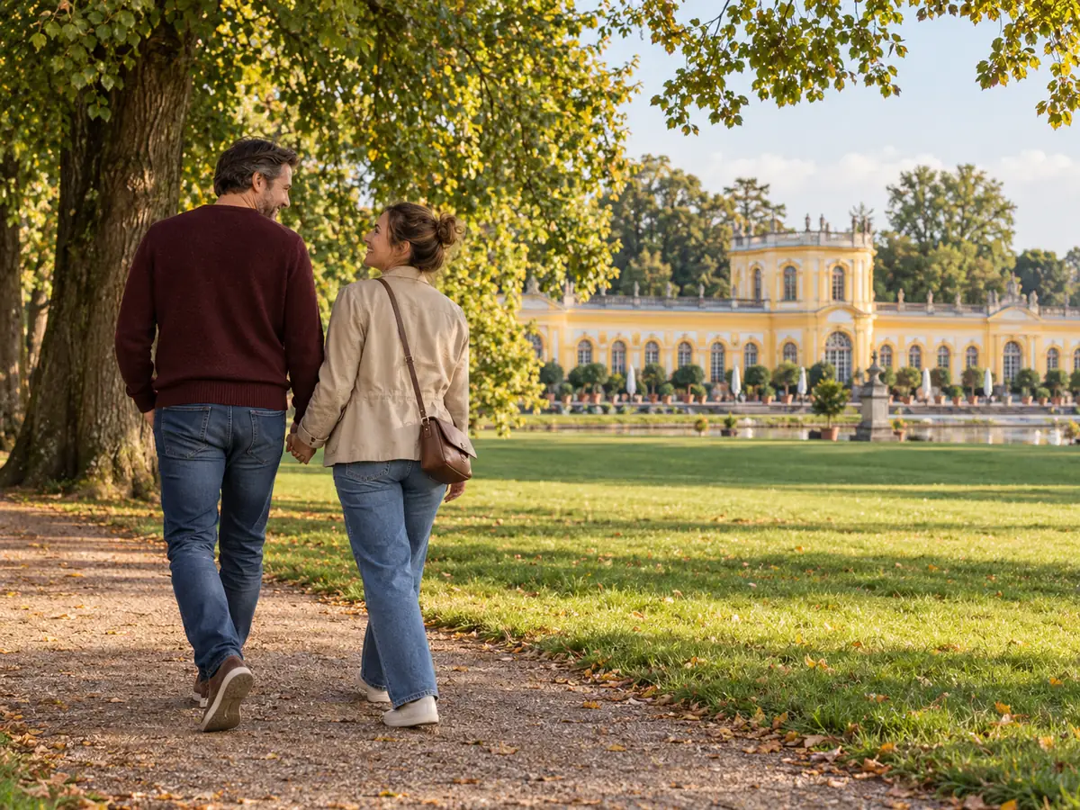 Paar beim Spaziergang in der Karlsaue vor der Orangerie in Kassel