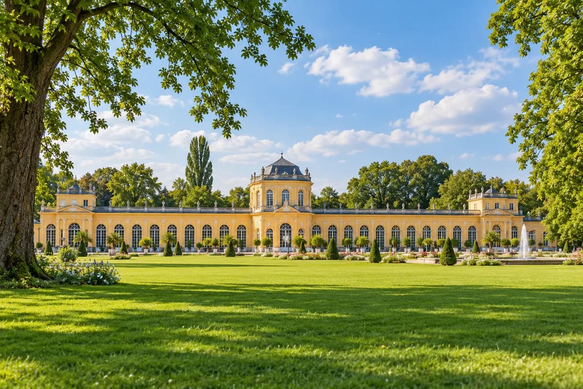 Blick über die grüne Parkwiese auf die gelbe Orangerie in der Karlsaue